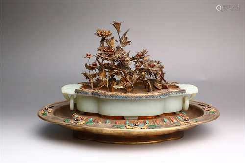 A Chinese Gilt Silver Bonsai with Jade Base