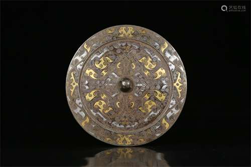 A Chinese Bronze Mirror with Gold and Silver Inlaid