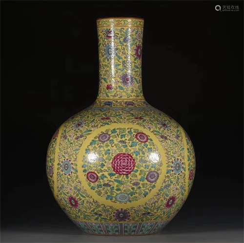 A Chinese Yellow Ground Famille-Rose Porcelain Vase