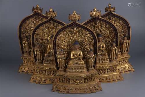 A Set of Five Chinese Gilt Bronze Figure of Buddha