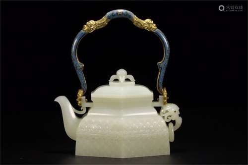 A Chinese Carved Jade Teapot with Cloisonne Handle