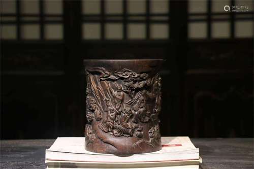 A Chinese Carved Hardwood Brush Pot