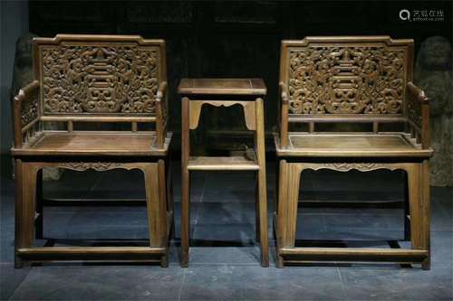 A Set of Chinese Carved Hardwood Chairs and Table