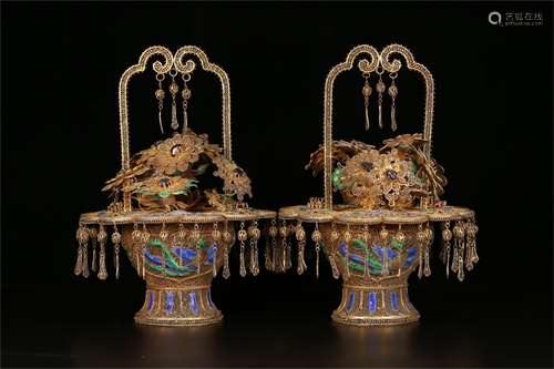 A Pair of Chinese Gilt Silver Flower Baskets