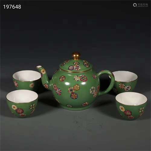 A Set of Chinese Green Ground Famille-Rose Porcelain Tea Set