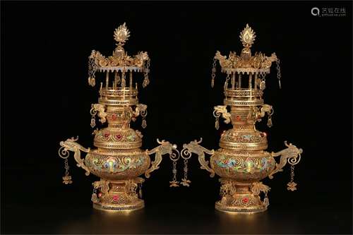 A Pair of Chinese Gilt Silver Incense Burners