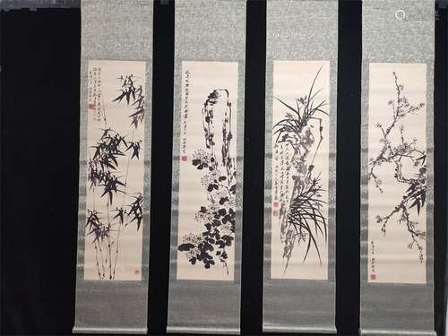 A Set of Four Chinese Scroll Paintings, Zheng Banqiao Mark