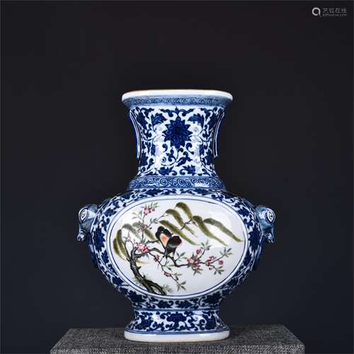 A Chinese Famille-Rose Glazed Blue and White Porcelain Vase