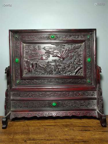 A Chinese Carved Hardwood Table Screen with Gemstone Inlaid