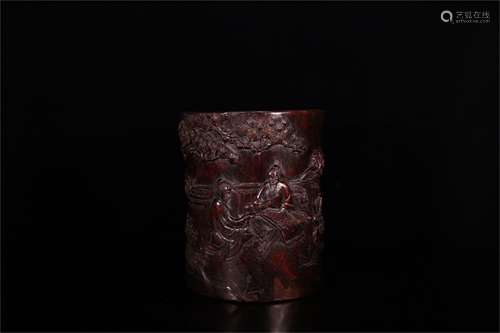 A Chinese Carved Agar-Wood Brush Pot