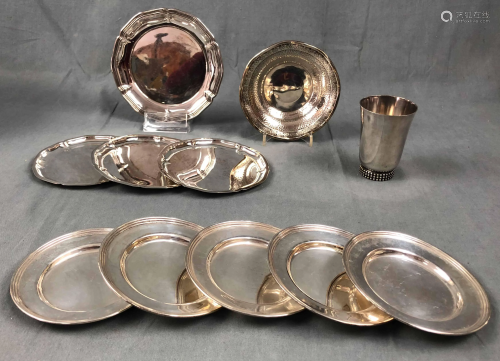 9 plates, 1 bowl and a cup, silver 925. Sterling.