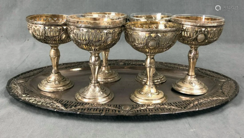 800 silver, 6 goblets with glass insert and tray…