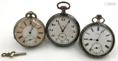 Three silver pocket watches. 1 Omega Tula, 1…