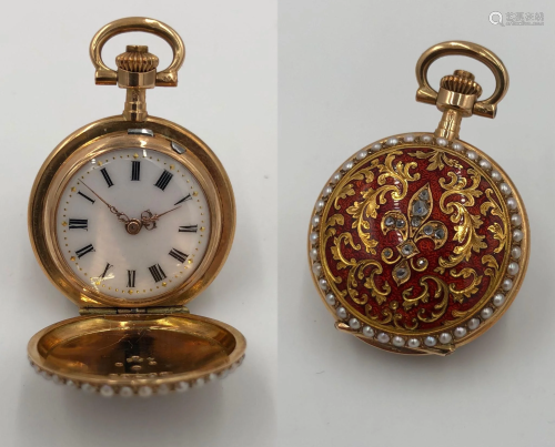 585 gold, three lid pocket watch. 11 diamonds,