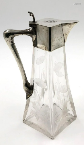Glass carafe. Silver mount 800. Art Nouveau.