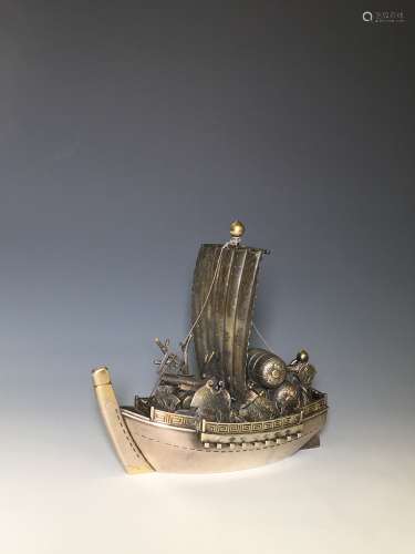 明治時期 銀製寶船置物