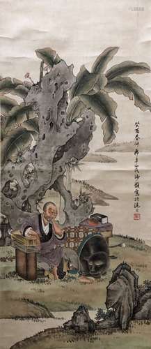 Chinese Ink Color Scroll Painting w Calligraphy