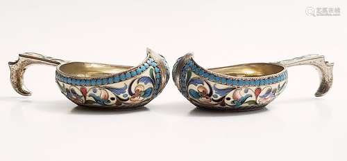 Pair 19C Russian Silver Shaded Enamel Kovshes