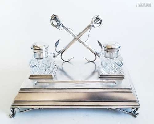 Lrg 19C Russian Silver Crystal Inkwell Stand