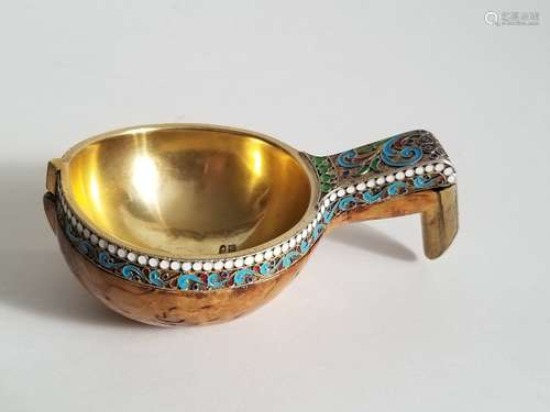 19? Russian Gilt Silver Enamel Birch Wood Kovsh