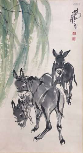 Chinese Ink Color Scroll Painting w Mark