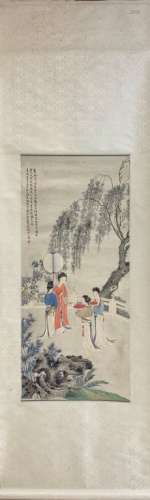 Chinese Ink Color Scroll Painting w Calligraphy