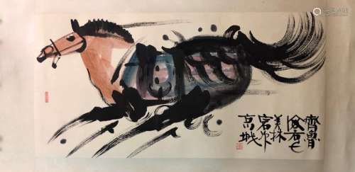 Chinese Ink Color Painting w Signature, Horse