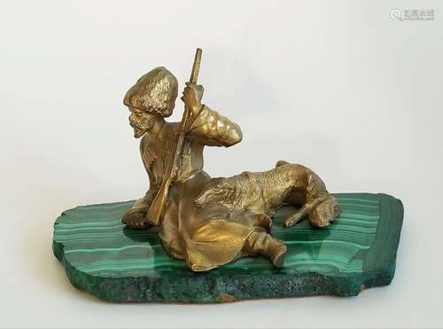 Antique Russian Gilt Bronze Cossack on Malachite