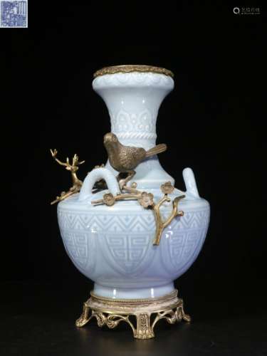 Republican Chinese Blue Glazed Vase w Bronze Mount