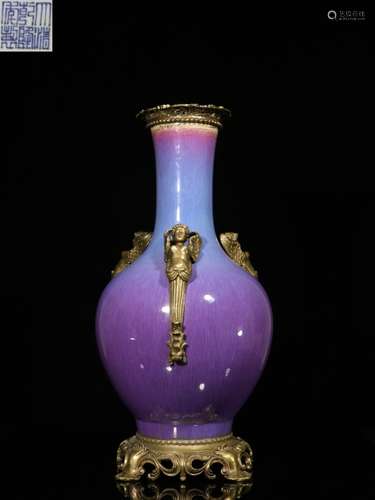 Republican Chinese Jun Porcelain Vase w Bronze Mou