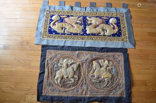 Pair Fine Old Thai Silk Embroidered