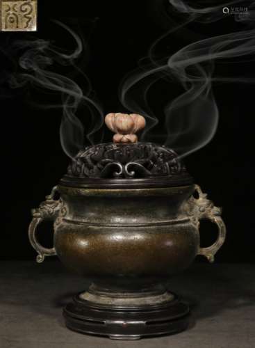 Qing Chinese Bronze Censer w Soapstone Finial