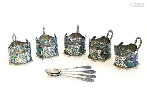 Antique Silver Enamel Tea Glass Holders Spoons