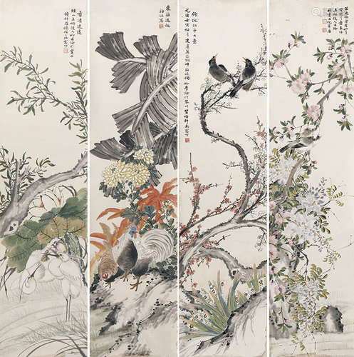 陶治孫 花鳥 四屏 設色紙本 鏡心