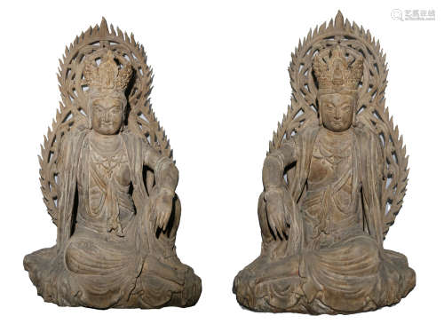 Chinese Pair Of Wooden Buddhas