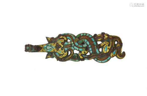 Chinese Bronze Hook With Gold Silver Painting Inlaid With Turquoise