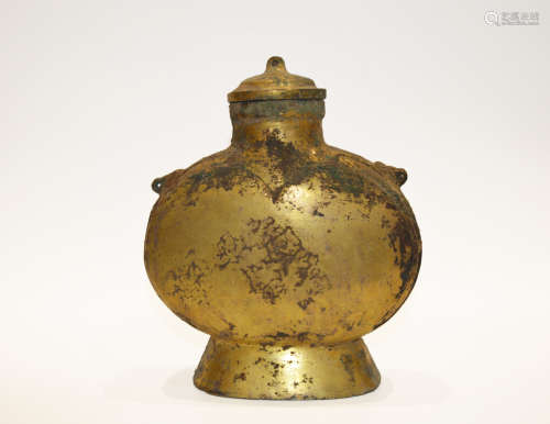 Chinese War Han Period Bronze Gold Gilded Bottle