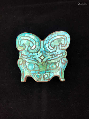 Chinese Bronze Item Inlaid With Turquoise Animal Face