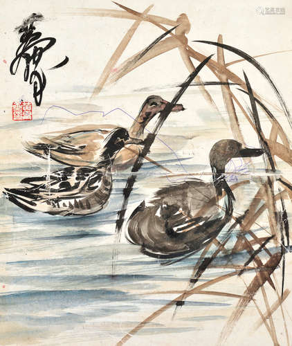 黄胄（1925～1997）群鸭 镜片 设色纸本