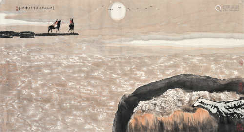 白庚延（1940～2007）丙子 1996年作 长河旭日 镜片 设色纸本