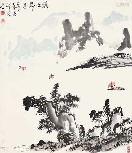 黄独峰（1913～1998）1990年作 漓江归舟 立轴 设色纸本