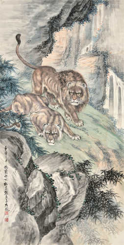 熊松泉（1884～1961）壬申 1932年作 双狮 镜片 设色纸本
