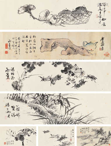 吴昌硕（1844～1927）汤贻汾（1778～1853）花卉手卷 手卷 设色纸本