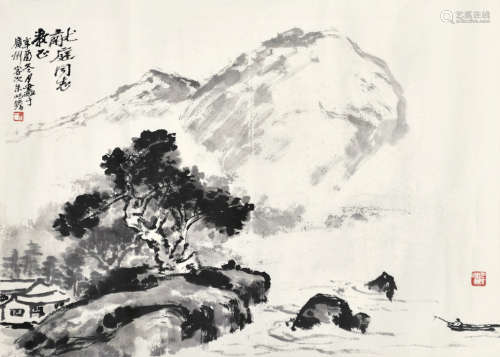 朱屺瞻（1892～1996）辛酉 1981年作 江边泛舟 镜片 水墨纸本