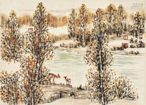 方济众（1923～1987）1984年作 山林与鹿 镜片 设色纸本