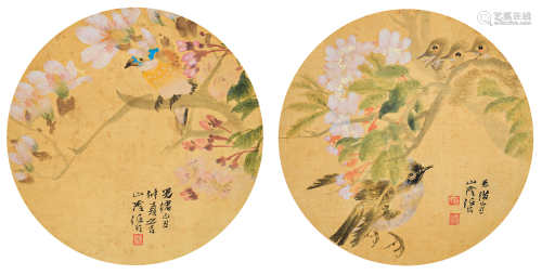 任颐（1840～1895）己丑 1889年作 花鸟 （二帧） 镜片 设色绢本