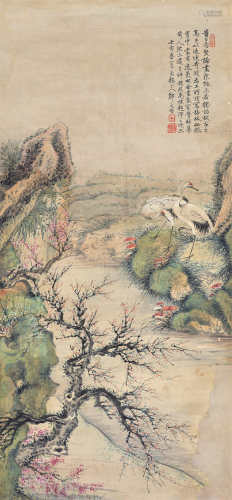 郑文焯（1856～1918）壬寅 1902年作 梅林仙鹤 立轴 设色纸本
