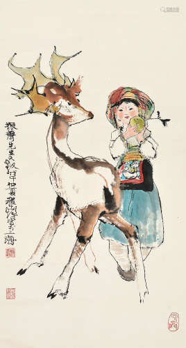 程十发（1921～2007）戊午 1978年作 少女与鹿 立轴 设色纸本