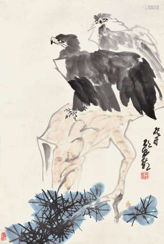 欧阳龙（1938～2000）癸酉 1993年作 双雄 立轴 设色纸本
