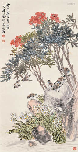 金梦石（1869～1947后）群雀嬉戏 立轴 设色纸本